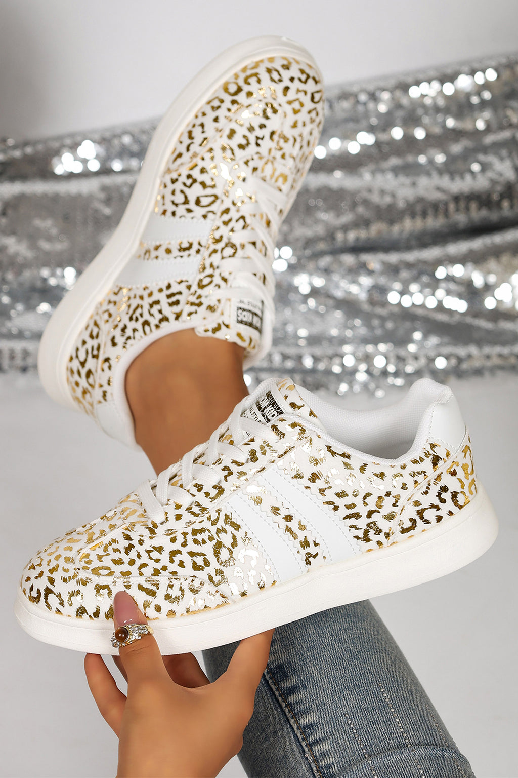 White Leopard Print PU Leather Detail Lace Up Casual Shoes