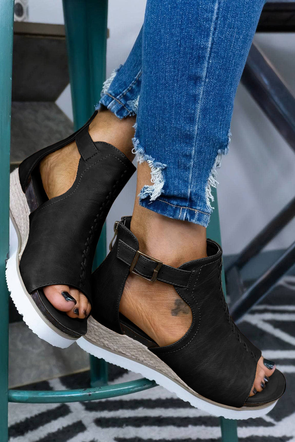 PU Cutout Buckle Strap Platform Slides Shoes
