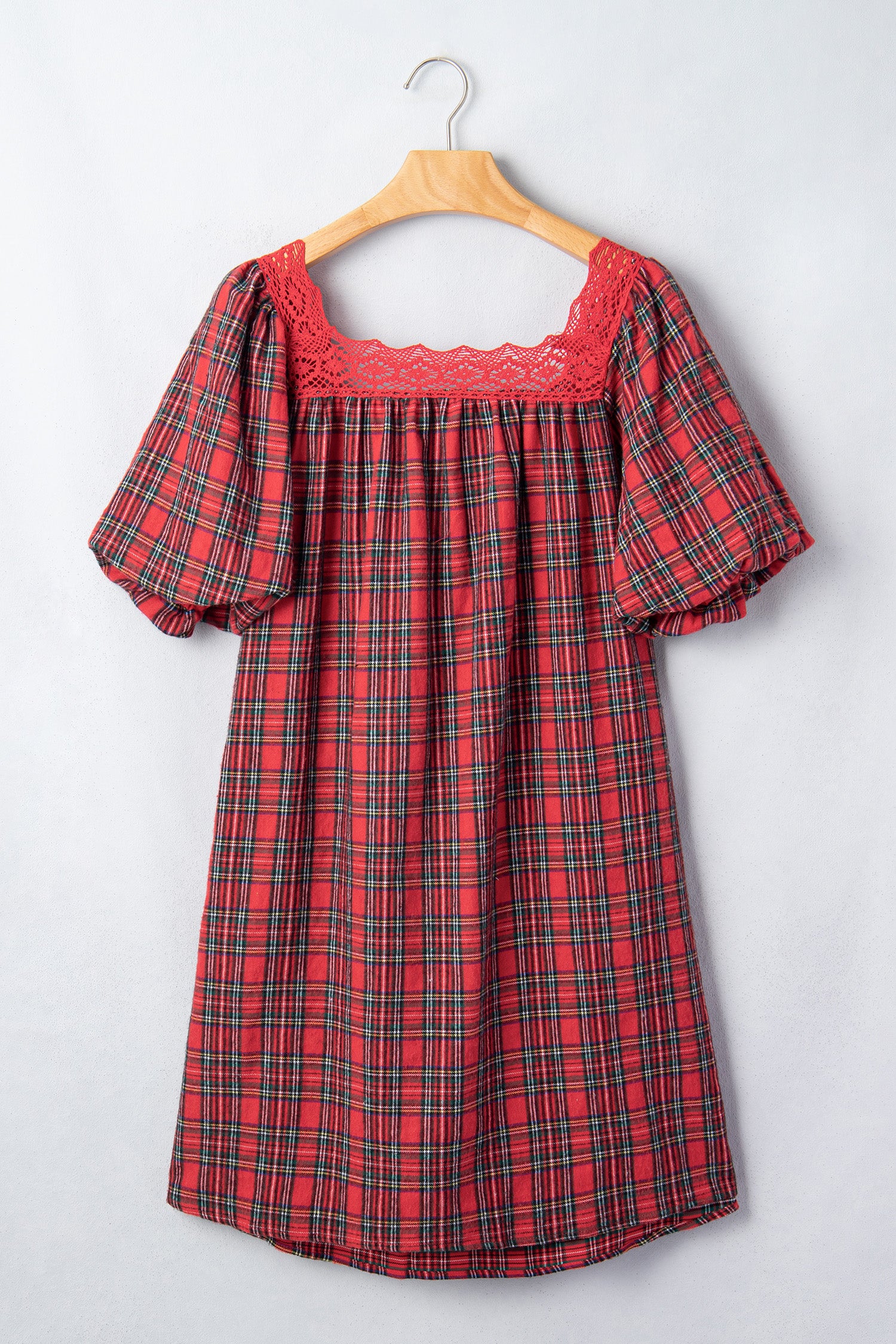 Red Plaid Square Collar Lace Trim Short Sleeve Shift Mini Dress