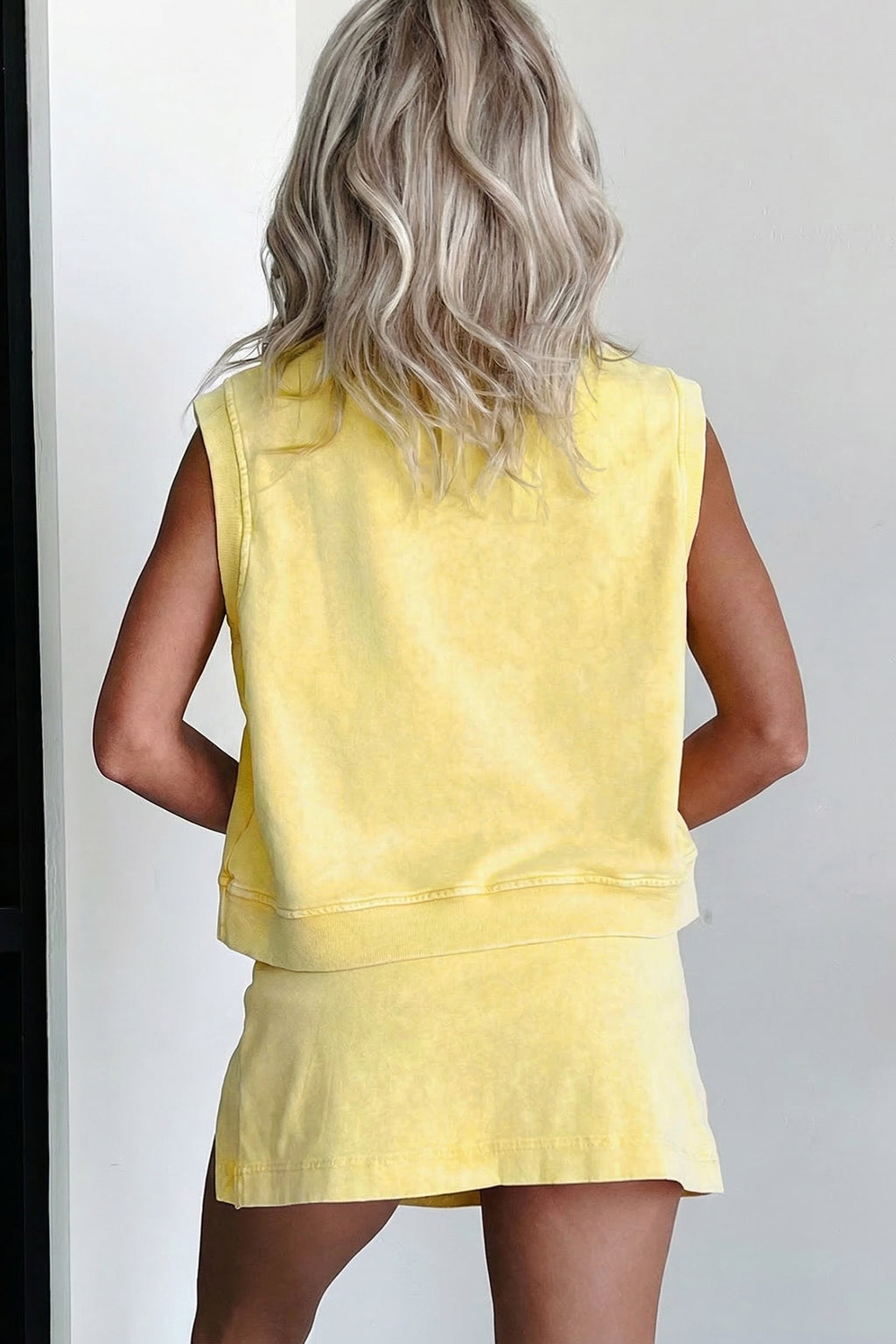 Yellow Cream Solid Color Washed Sleeveless Top Split Skort Cotton 2pcs Outfit