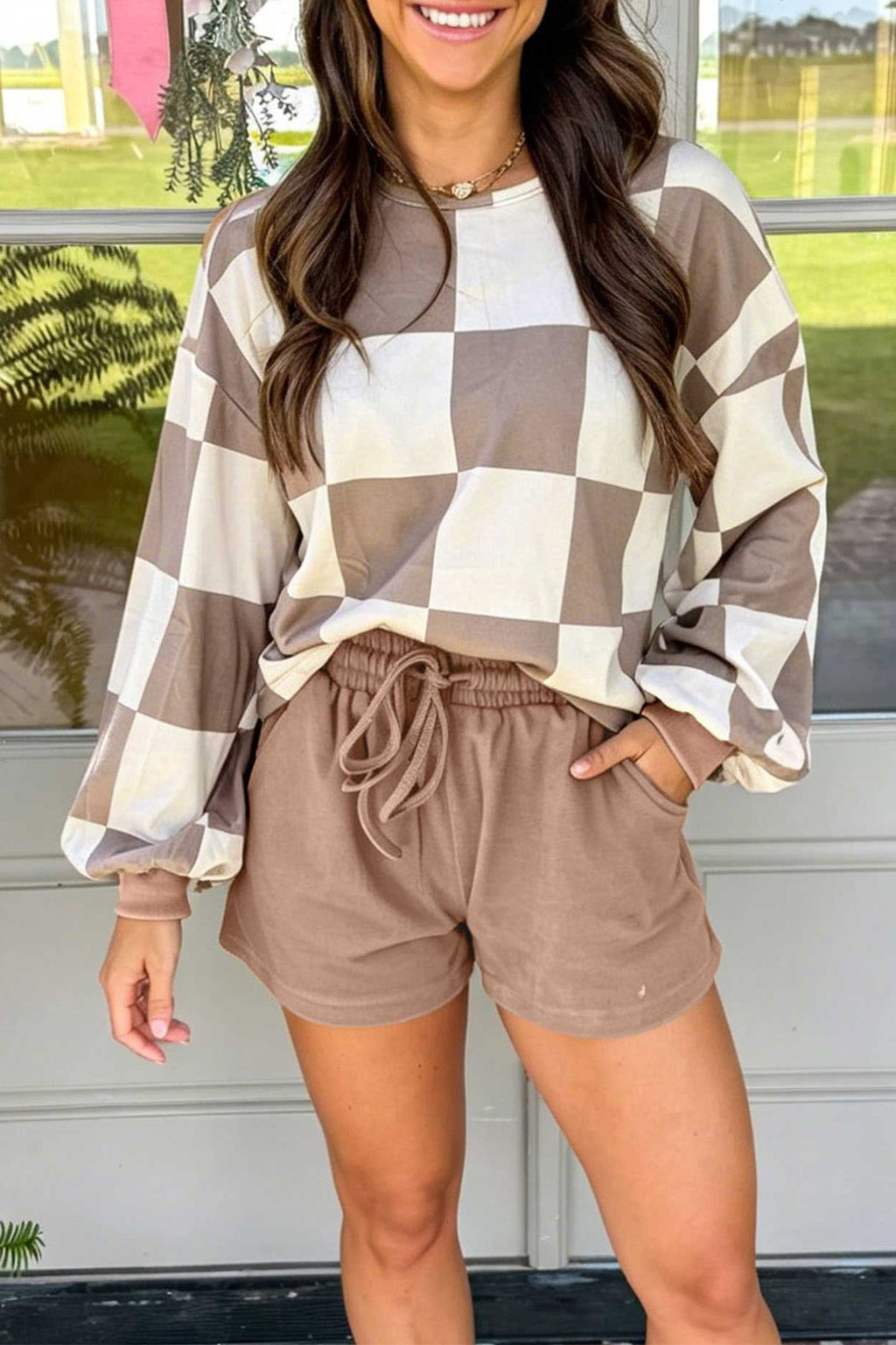 Red Checkerboard Plaid Long Sleeve Solid Color Shorts 2pcs Set