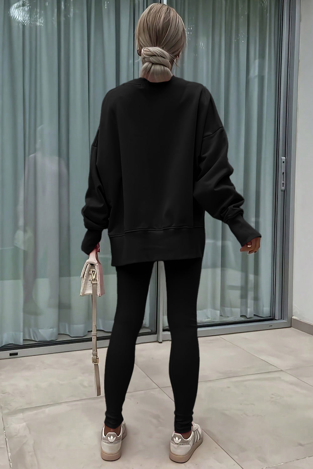 Orchid Mist Solid Color Oversized Slit Sweatshirt Ribbed Leggings Set