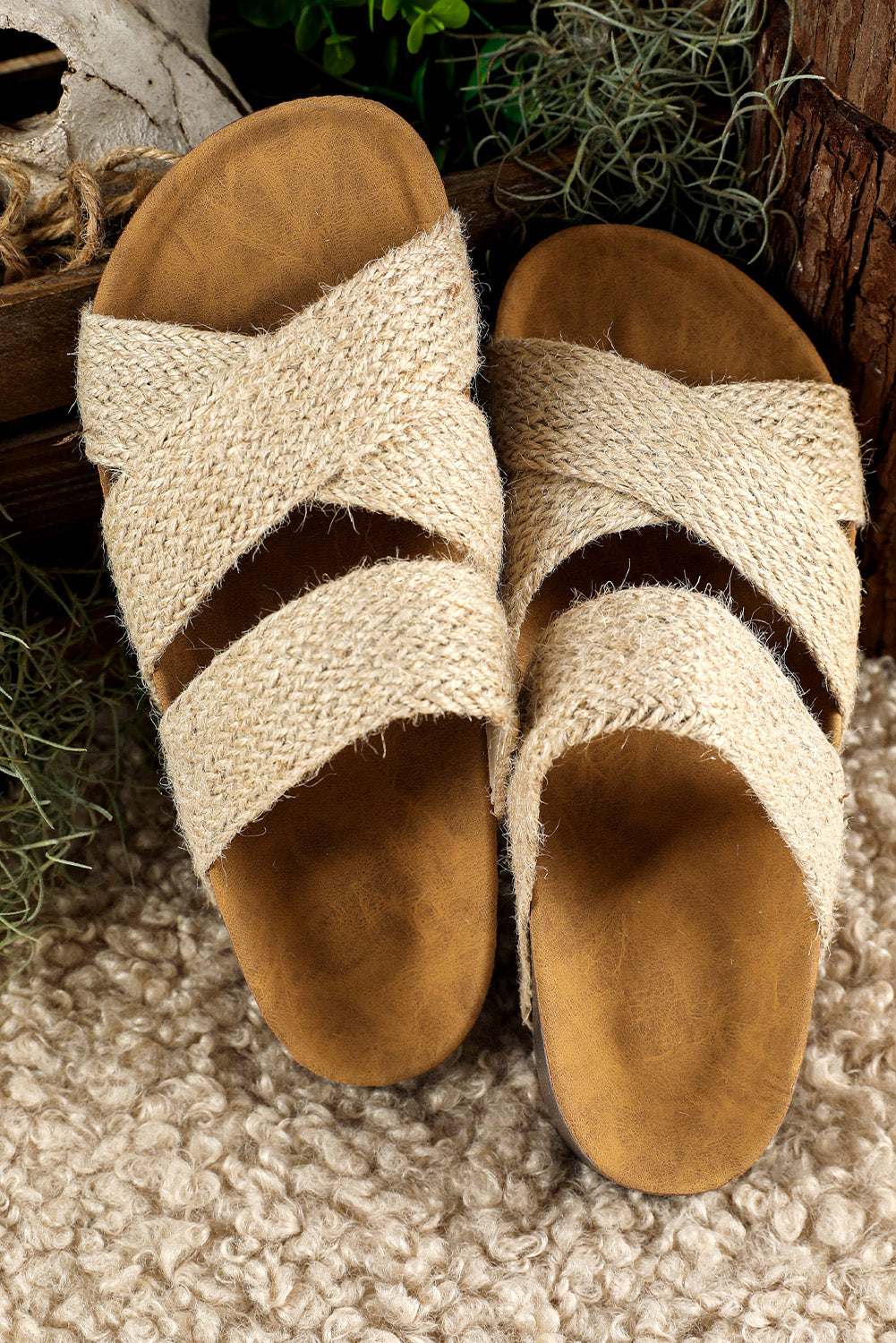 Beige Woven Criss Cross Strap Platform Slides Shoes