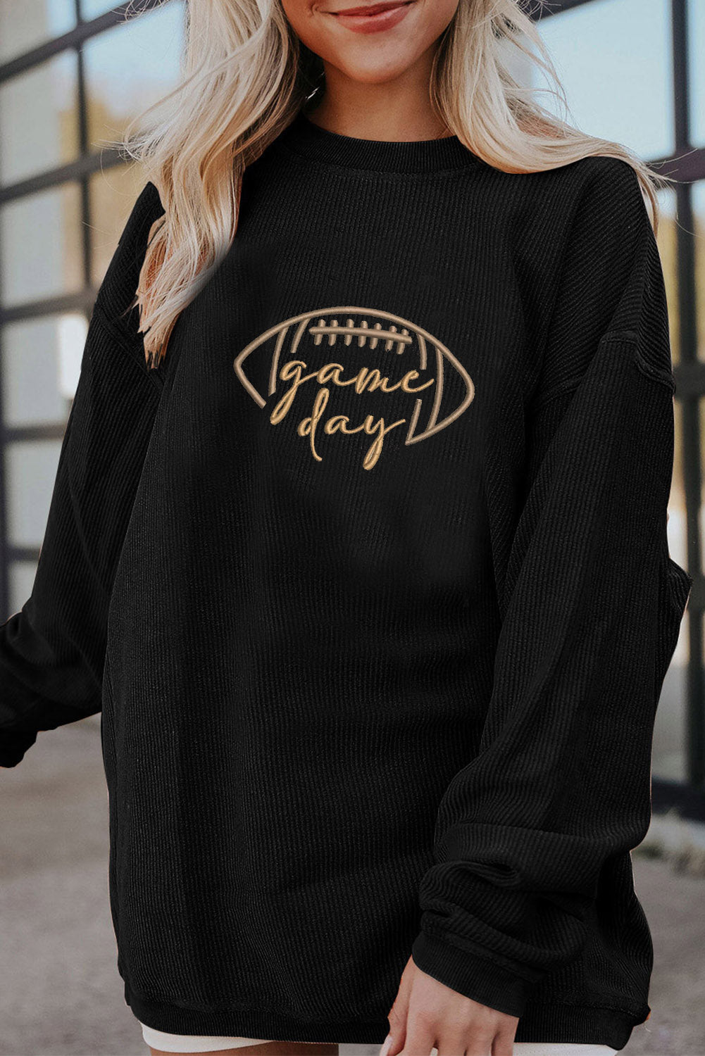 Dark Blue Rugby Game Day Embroidered Corduroy Sweatshirt