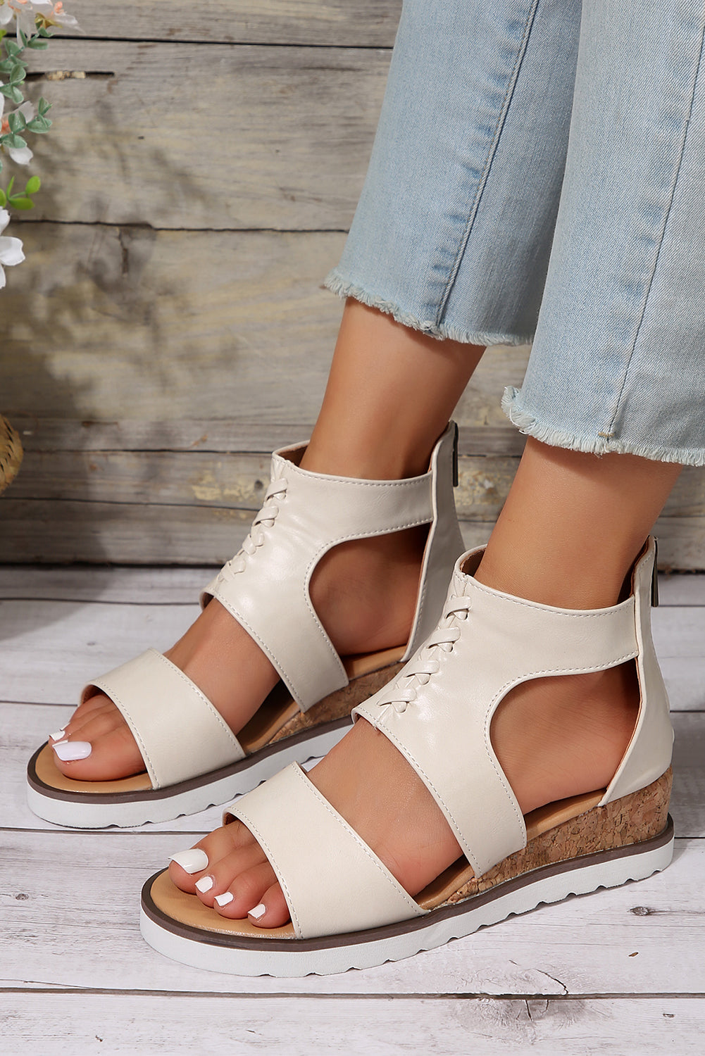 White Crisscross Detail Leather Wedge Gladiator Sandals