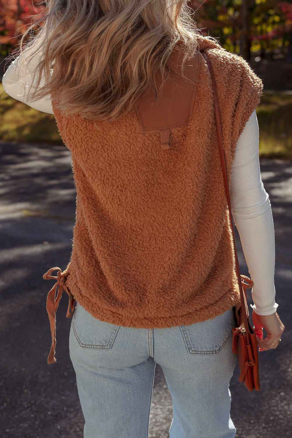 Cinnamon Faux Fur Snap Button Front Knot Side Plush Vest