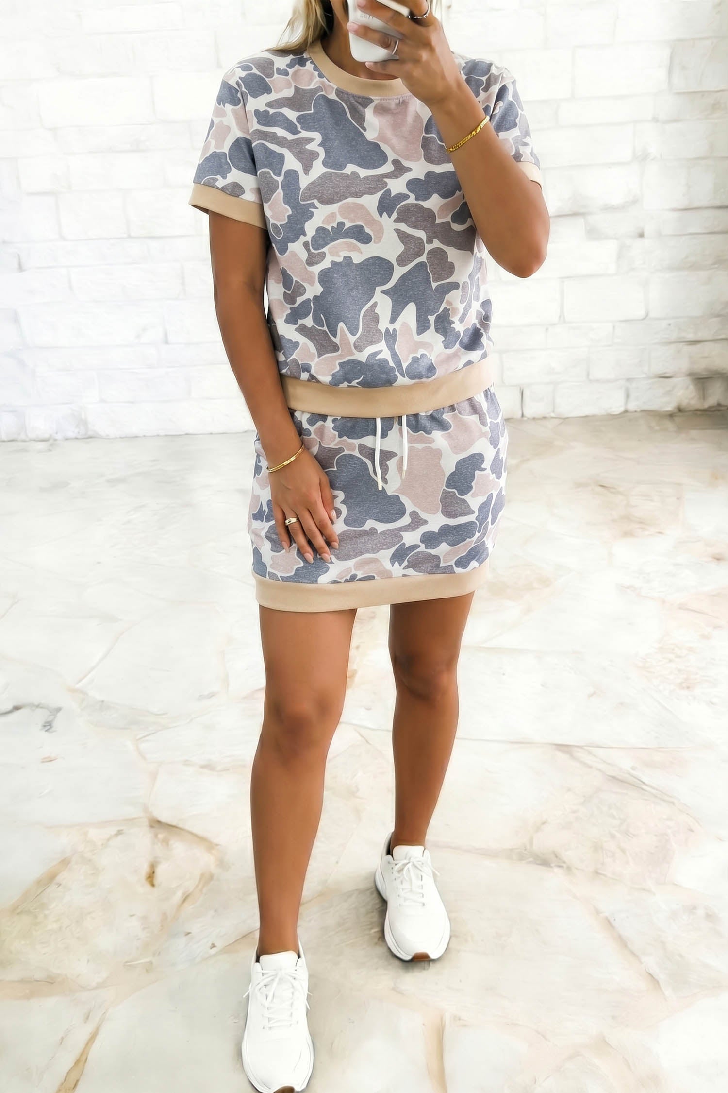 Multicolour Retro Camouflage Color Block Trim Skort 2pcs Outfit
