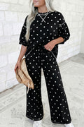 Black Polka Dot Half Sleeve Loose Top Elastic Waist Casual Pants Set