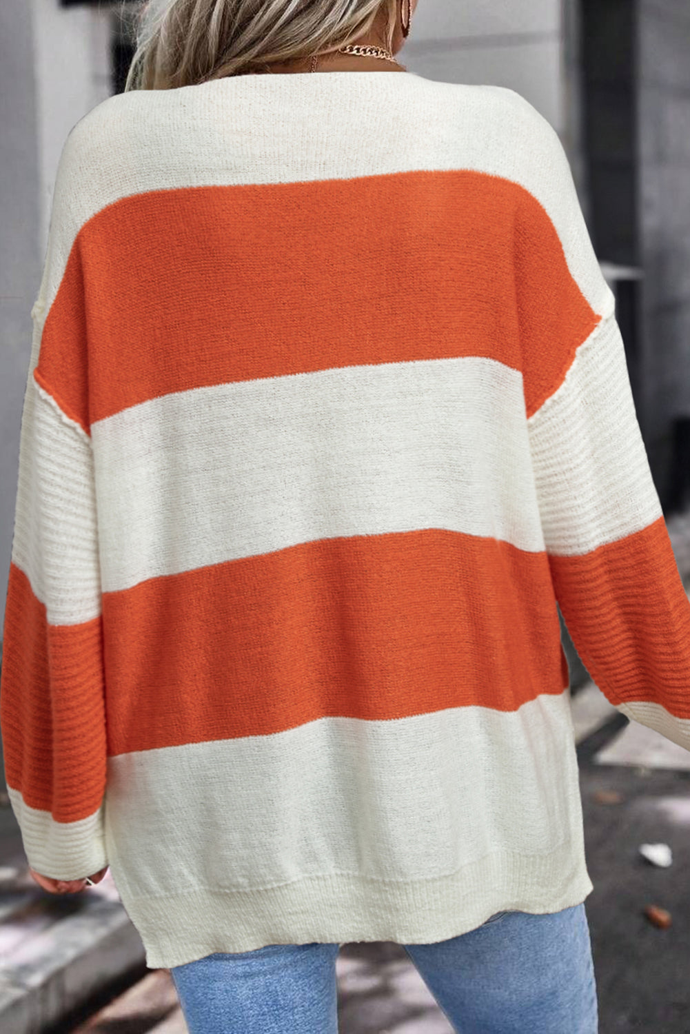 Green Stripe Colorblock V Neck Side Slits Sweater