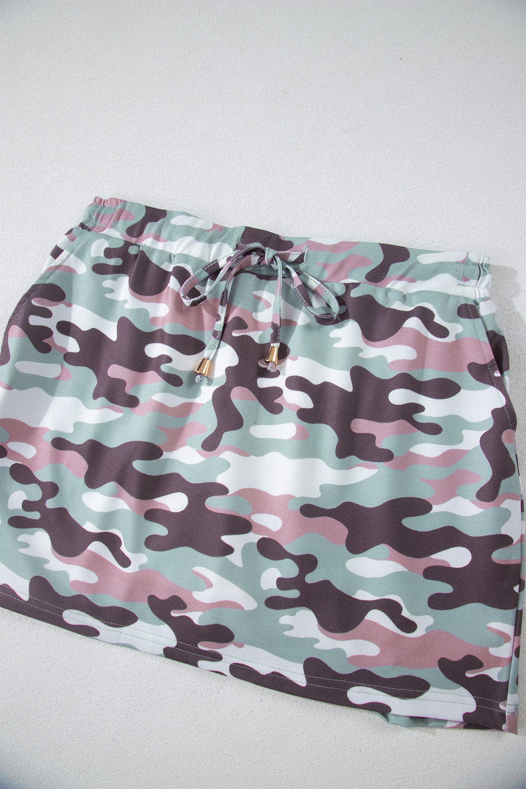 Green Camouflage Print Drawstring Casual Mini Skort