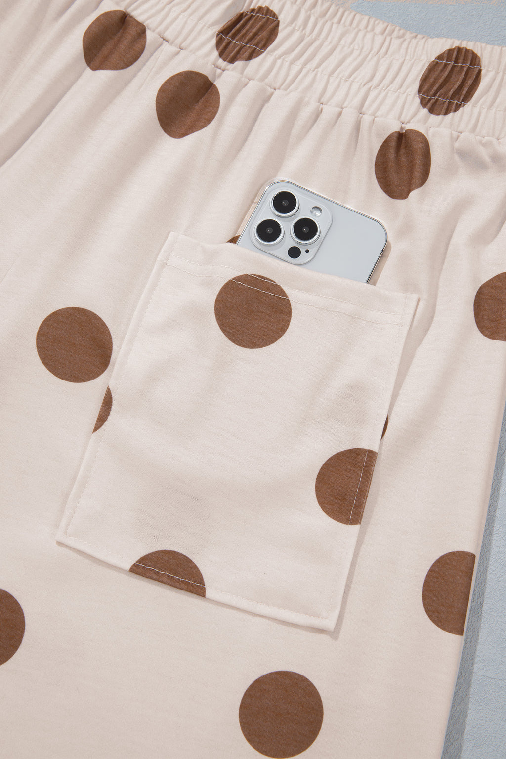 Beige Polka Dot Wide Leg Elastic Waist Casual Pants