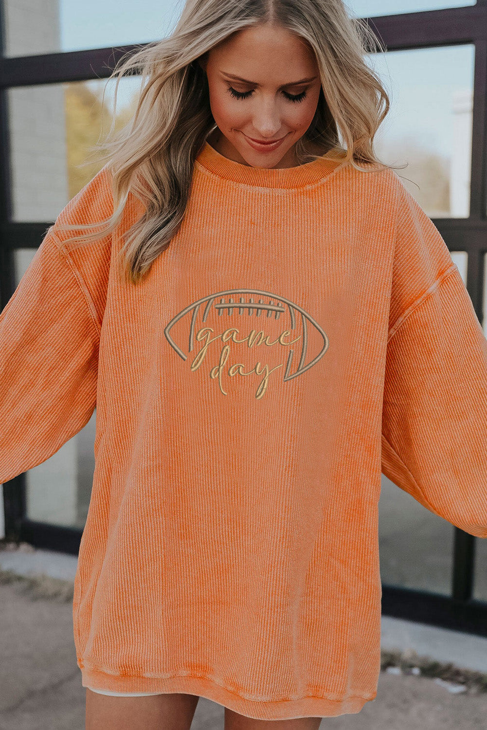 Dark Blue Rugby Game Day Embroidered Corduroy Sweatshirt