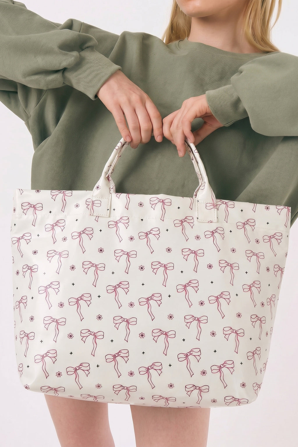 Pink Sweet Bow Flower Printed Sleek Vilnyl Tote Bag