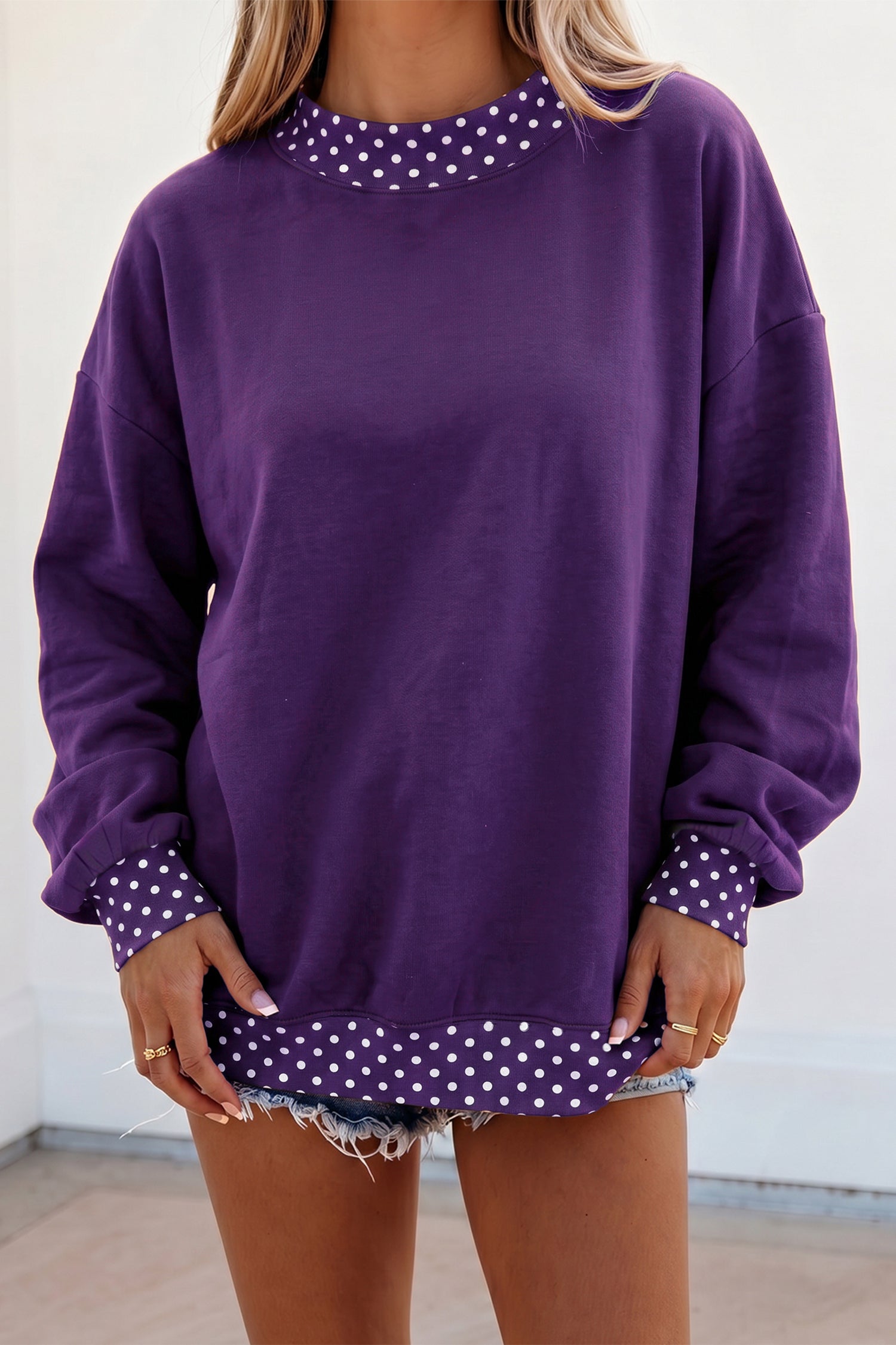 Red Colorblock Polka Dot Contrast Trim Oversized Sweatshirt