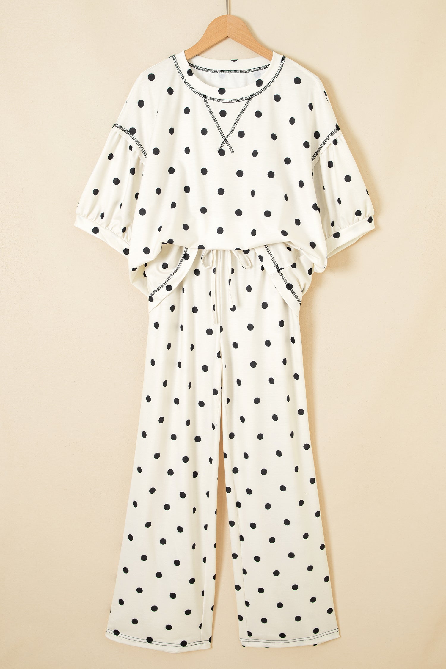 Black Polka Dot Half Sleeve Loose Top Elastic Waist Casual Pants Set