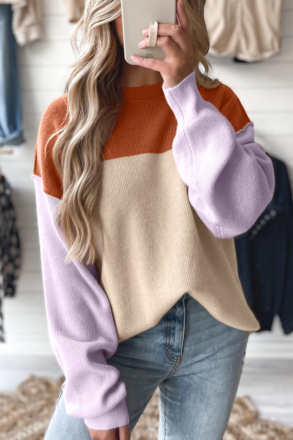 Green Colorblock Ribbed Knit Baggy Sweater