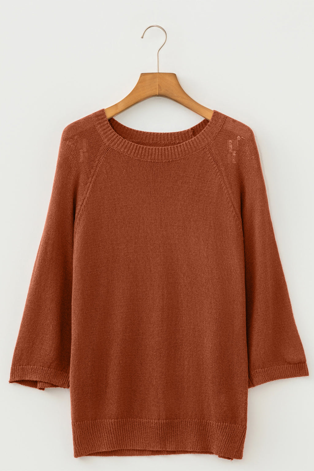 Coffee Ribbed Knit Round Neck Short Sleeve Sweater