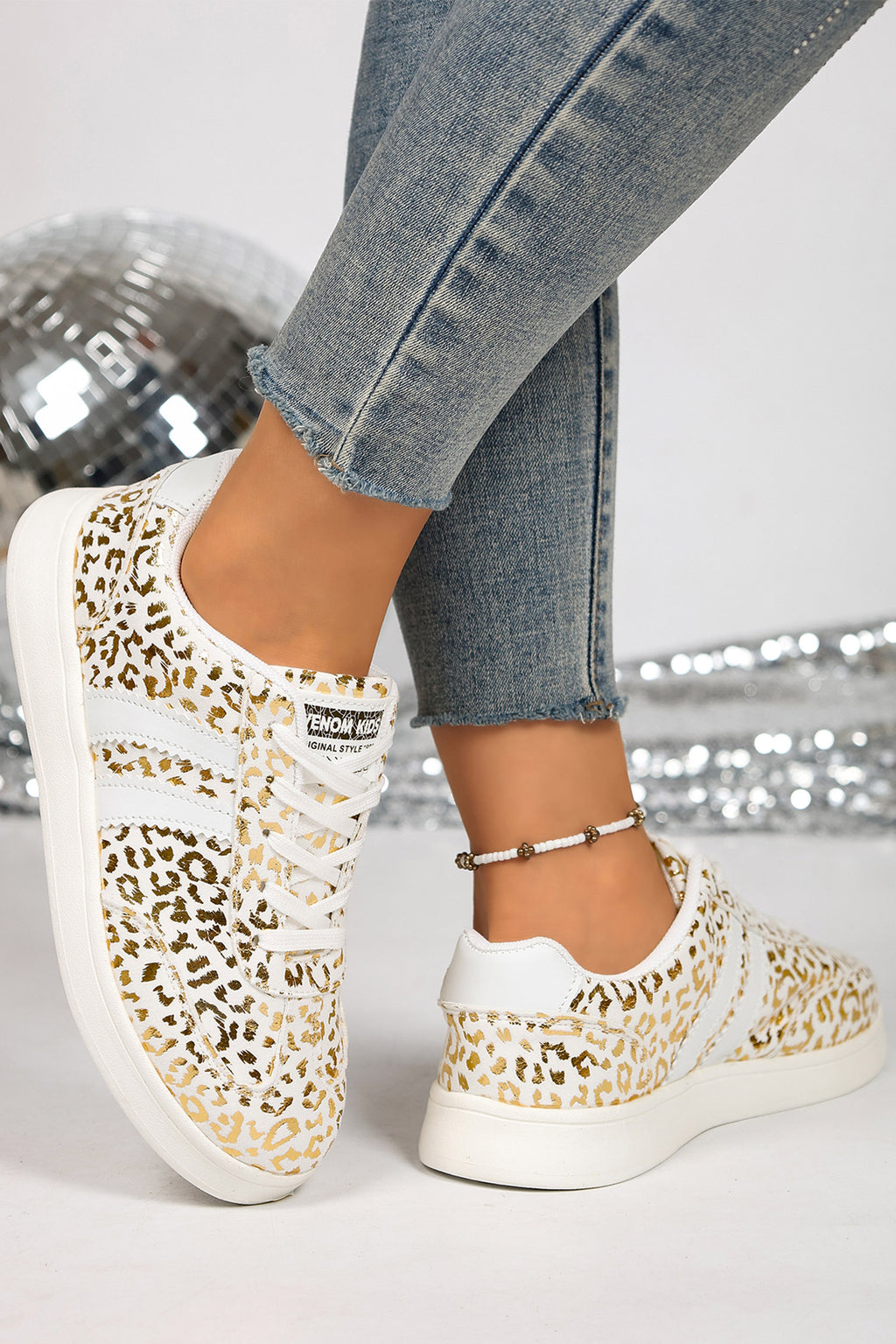 White Leopard Print PU Leather Detail Lace Up Casual Shoes