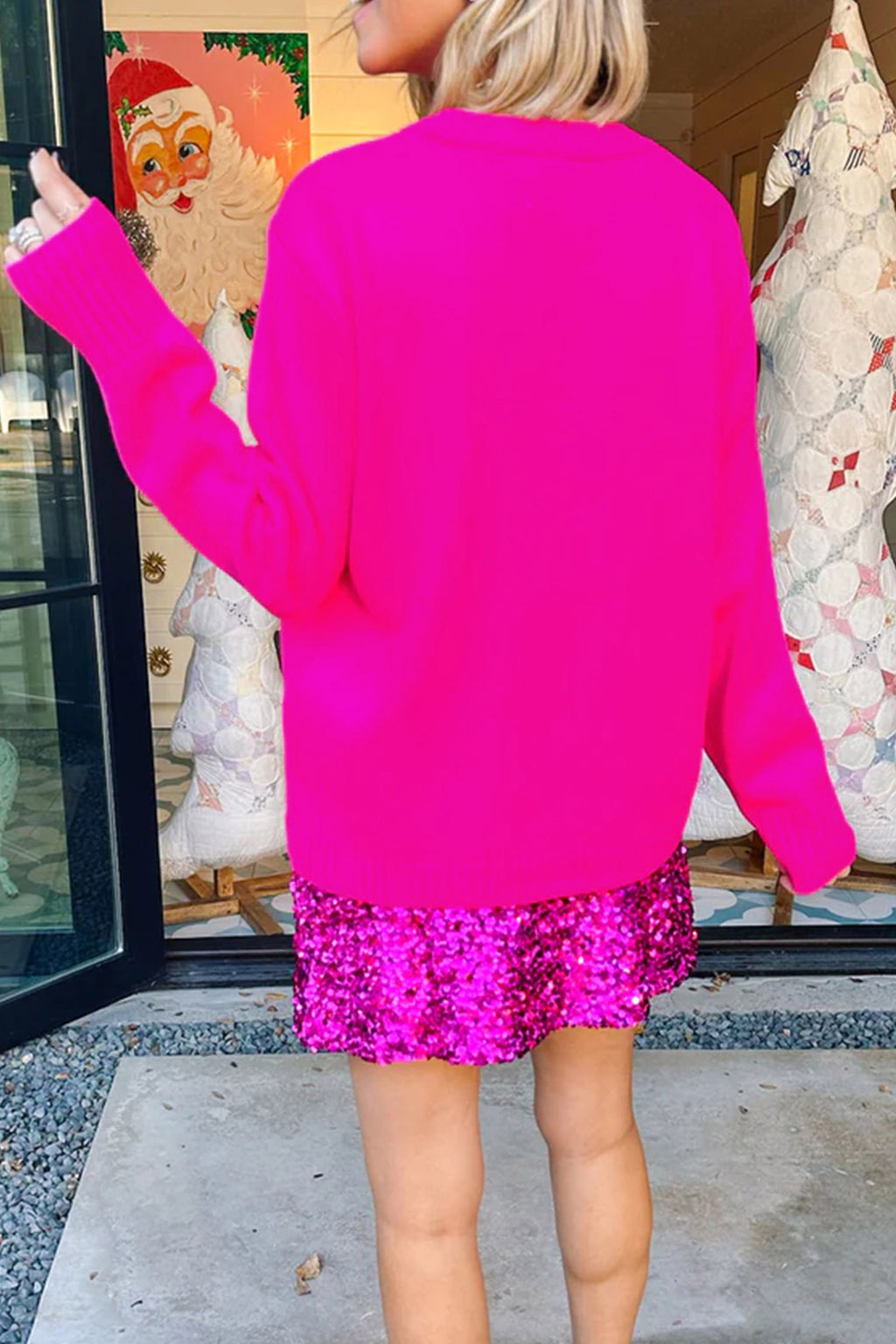 Bright Green Merry Print Ribbed Trim Round Neck Loose Fit Sweater