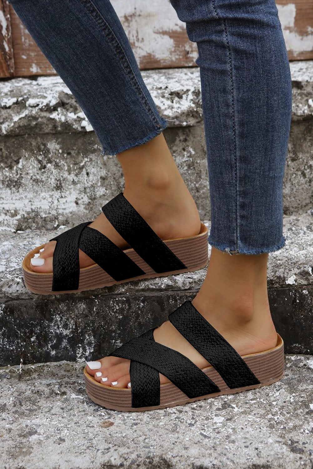 Beige Woven Criss Cross Strap Platform Slides Shoes