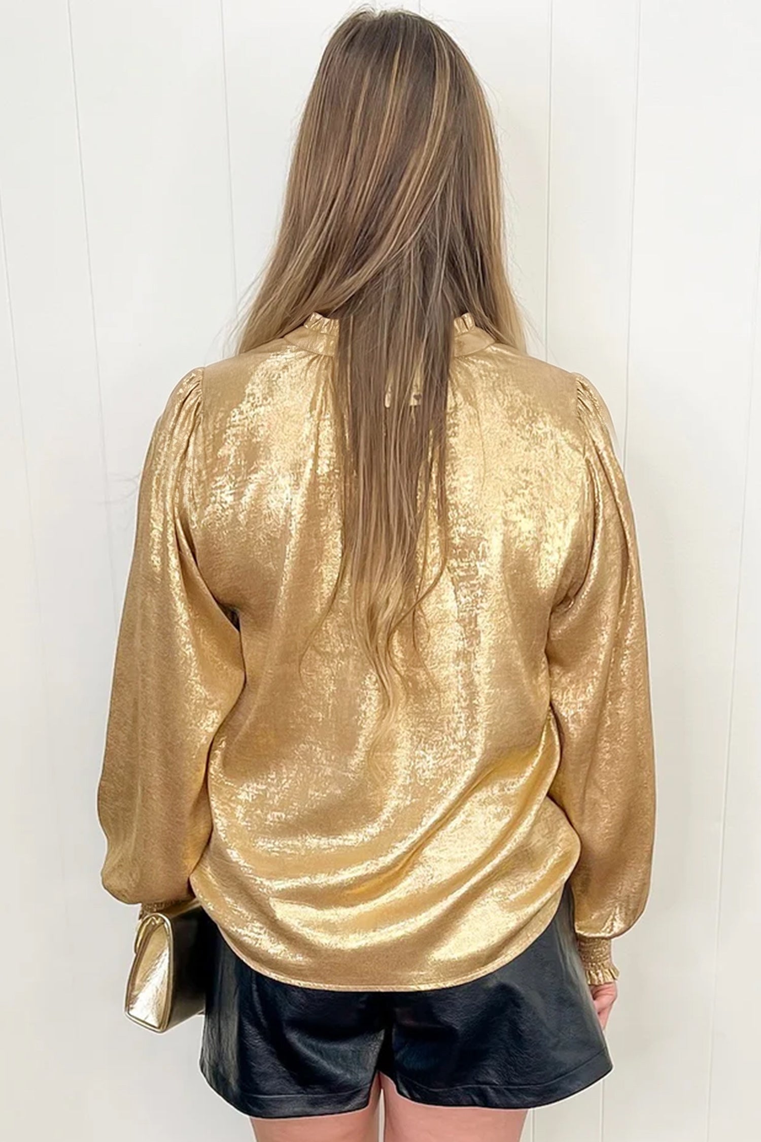 Gold Metallic Sheen V Neck Gathered Cuff Long Sleeve Blouse