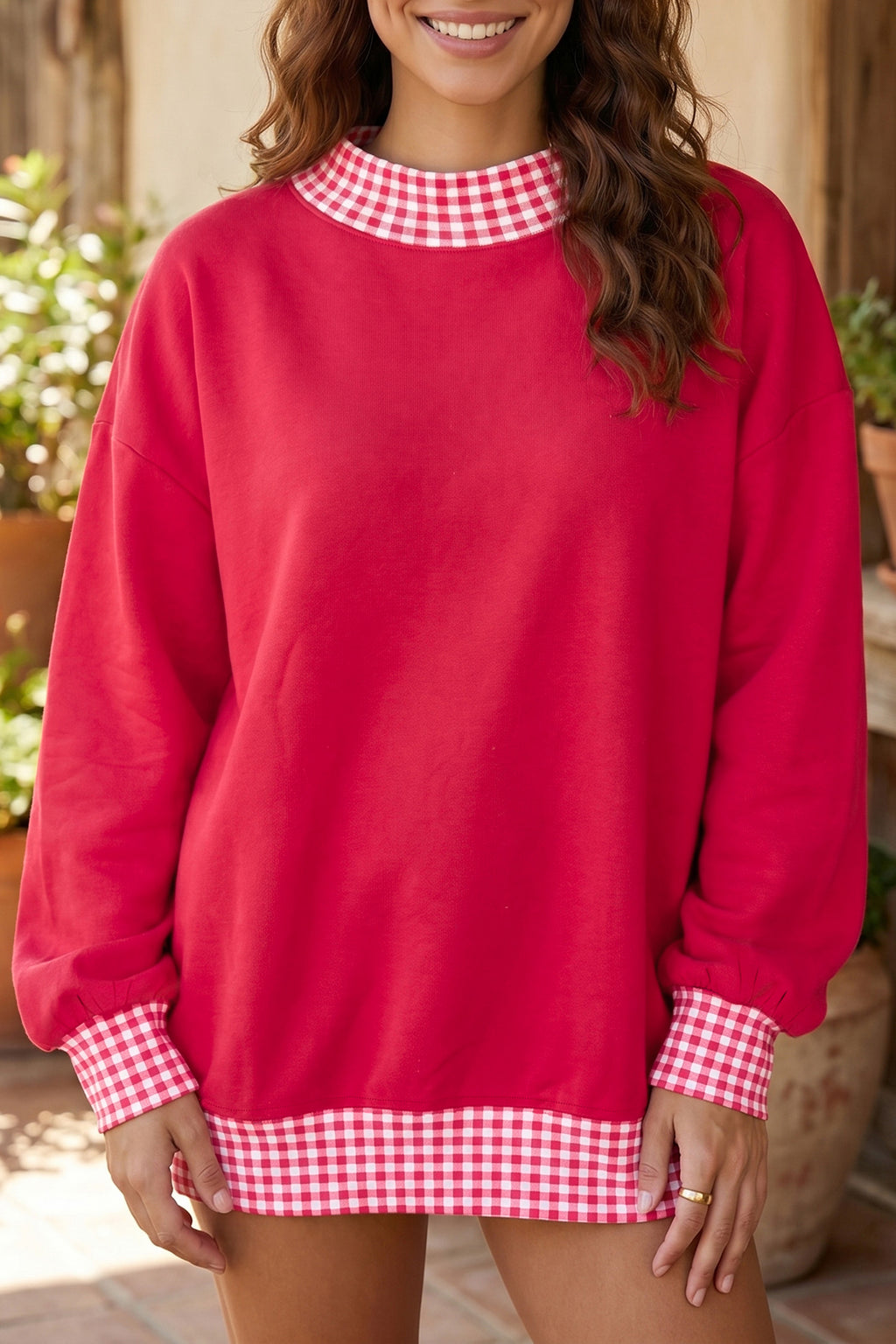 Red Colorblock Polka Dot Contrast Trim Oversized Sweatshirt