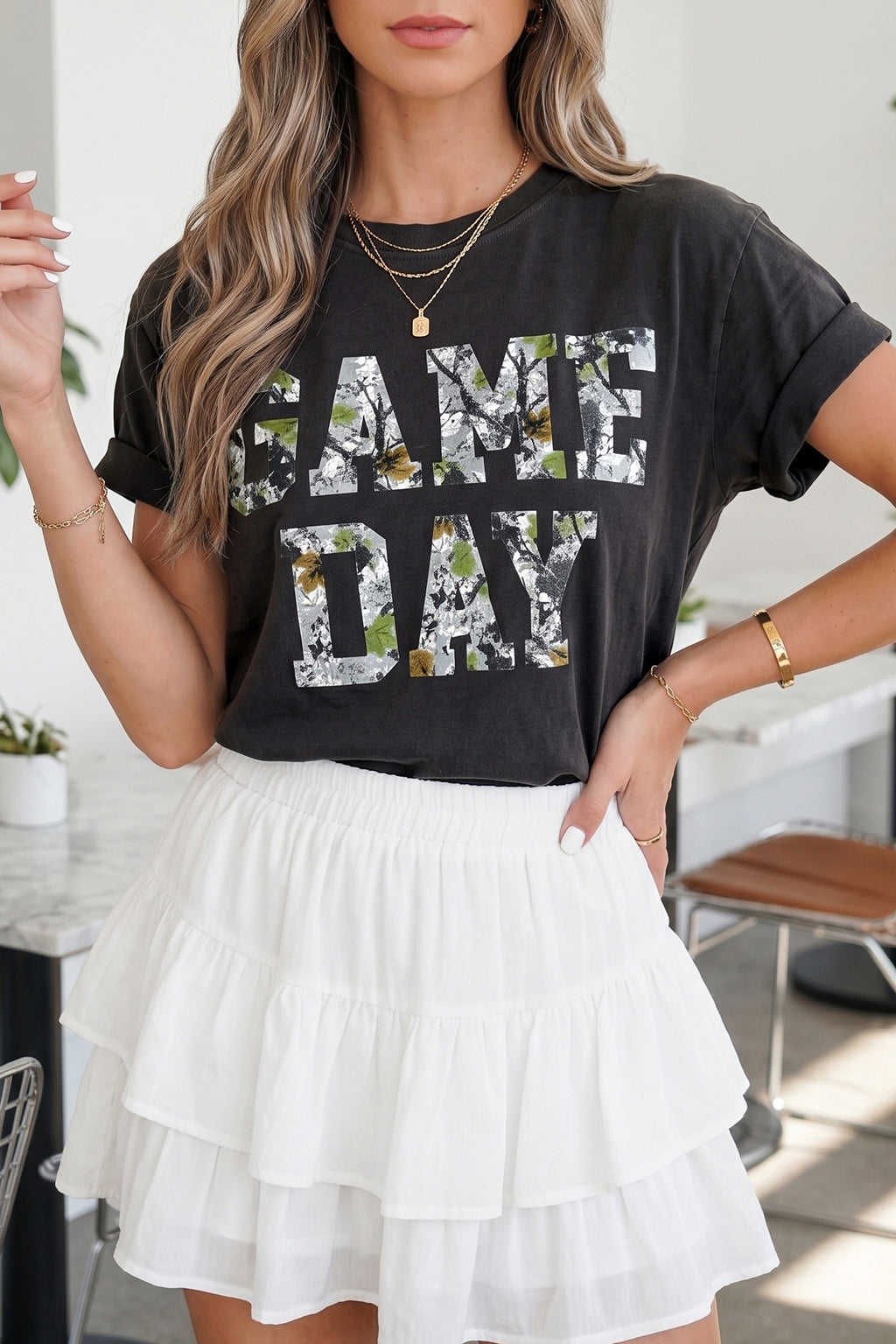 Black Game Day Camo Letter Print Round Neck Casual T Shirt
