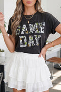 Black Game Day Camo Letter Print Round Neck Casual T Shirt