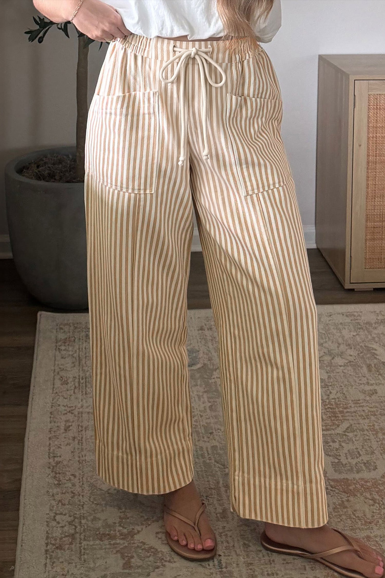 Apricot Stripe Ribbon Drawstring Waist Full-Length Shift Pant