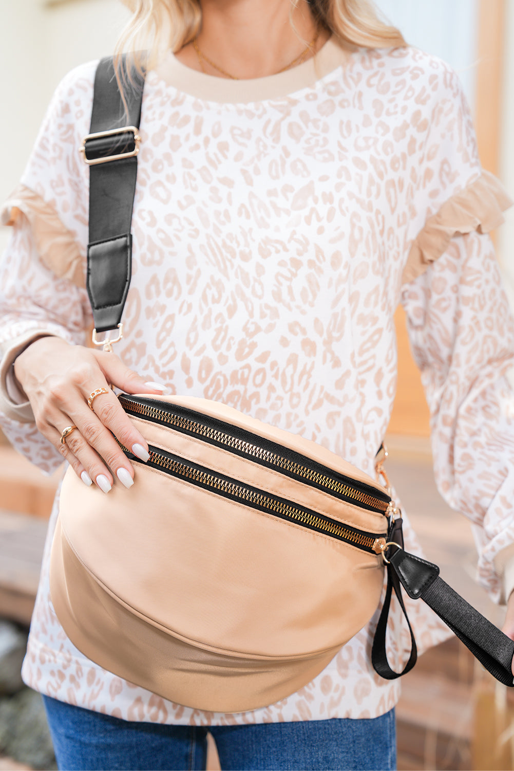 Parchment Wide Strap Zipper Crossbody Bag