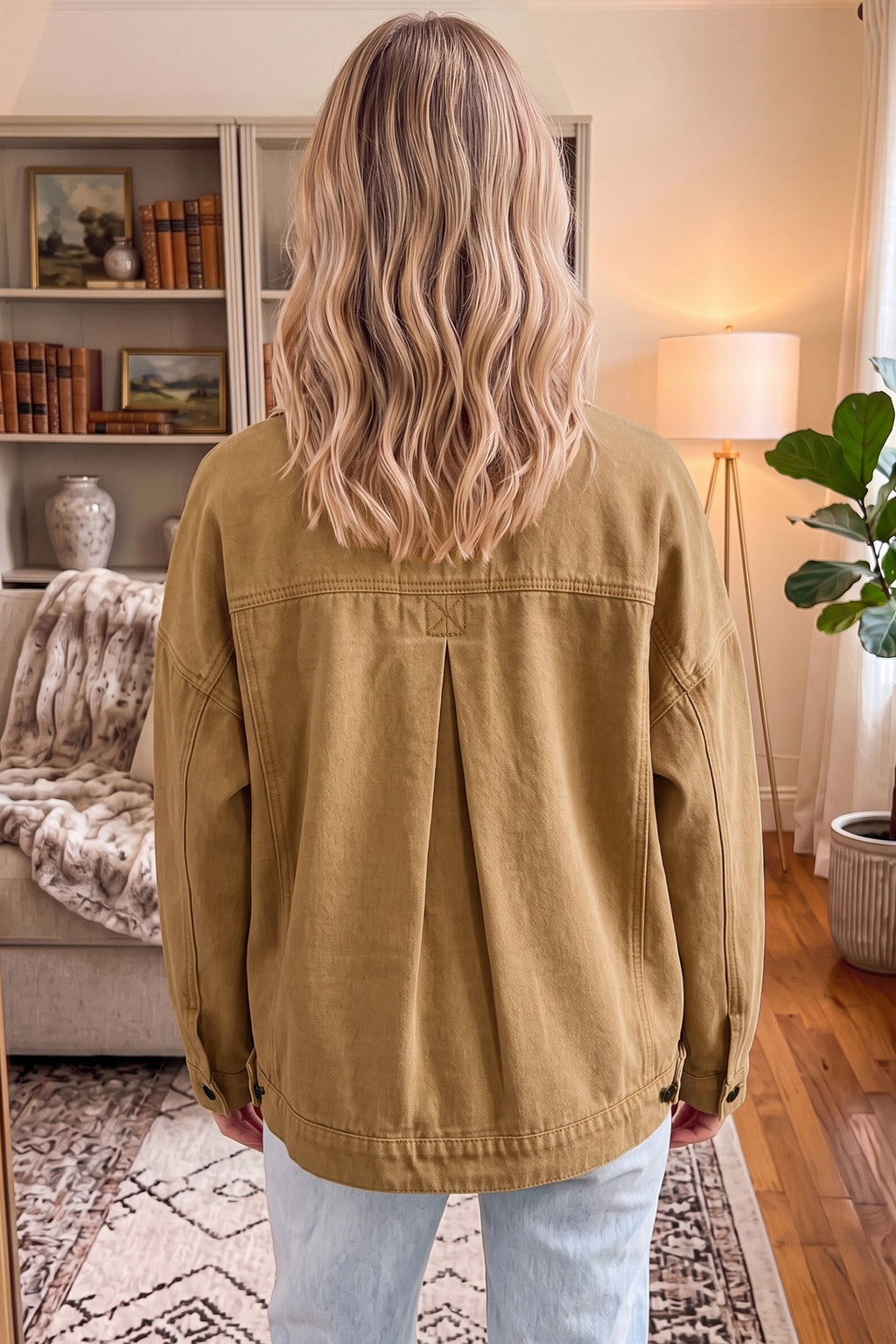 honey gold Metal Button Front Long Sleeve Collar Denim Jacket