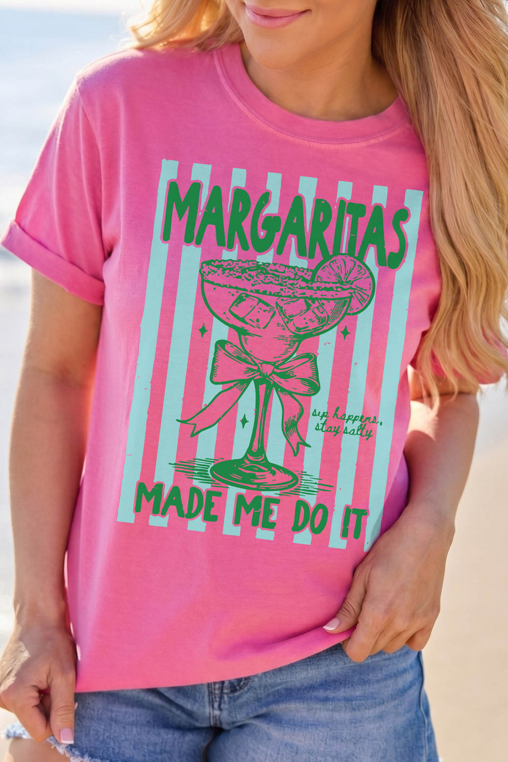Rose Red Margaritas Made Me Do It Striped Graphic Beach Vacation Tee