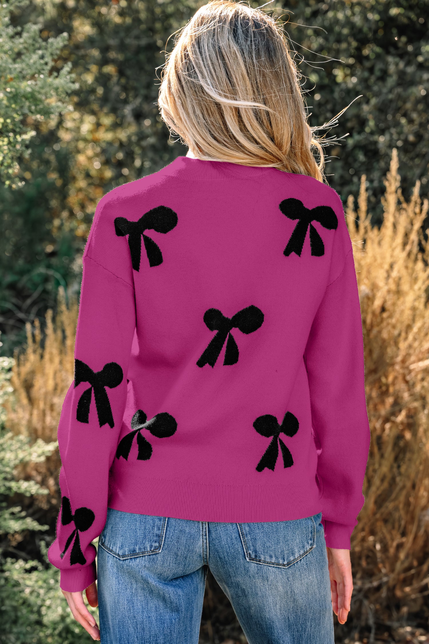 Blackish Green Pearl Embellished Bow Pattern Loose Sweater