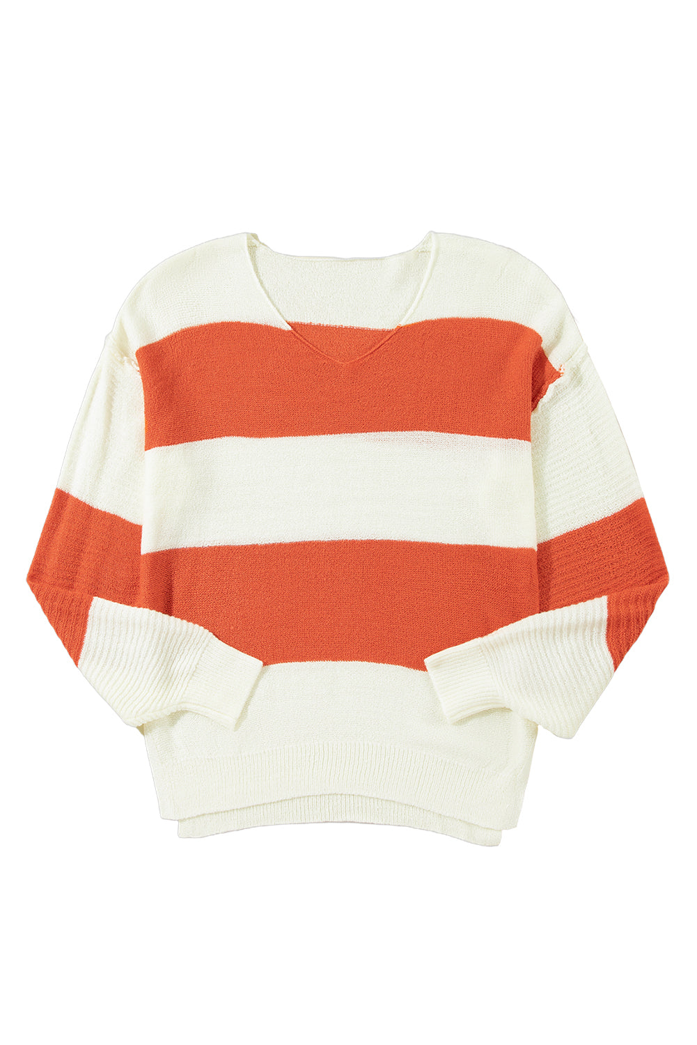 Green Stripe Colorblock V Neck Side Slits Sweater
