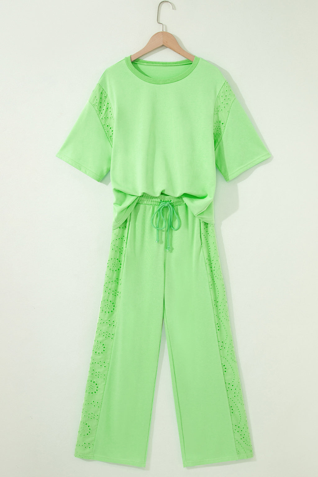 Light Green Lace Patchwork Half Sleeve Top Elastic Waist Pants Two Piece Set