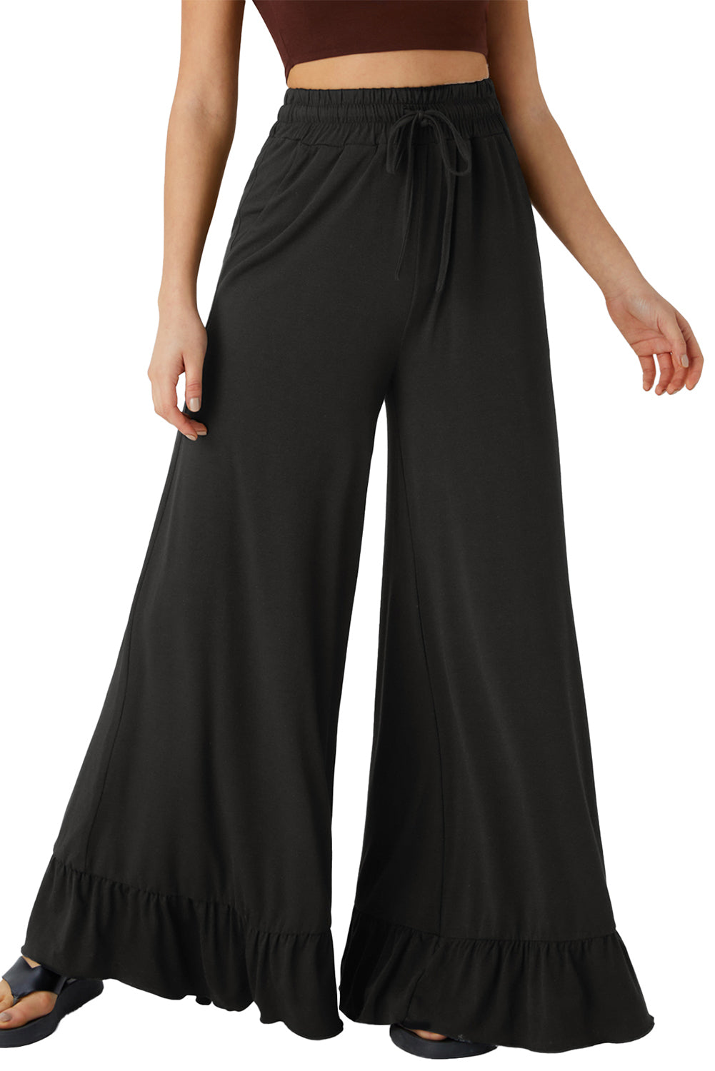 Medium Grey Solid Color Ruffle Hem Wide Leg Pants
