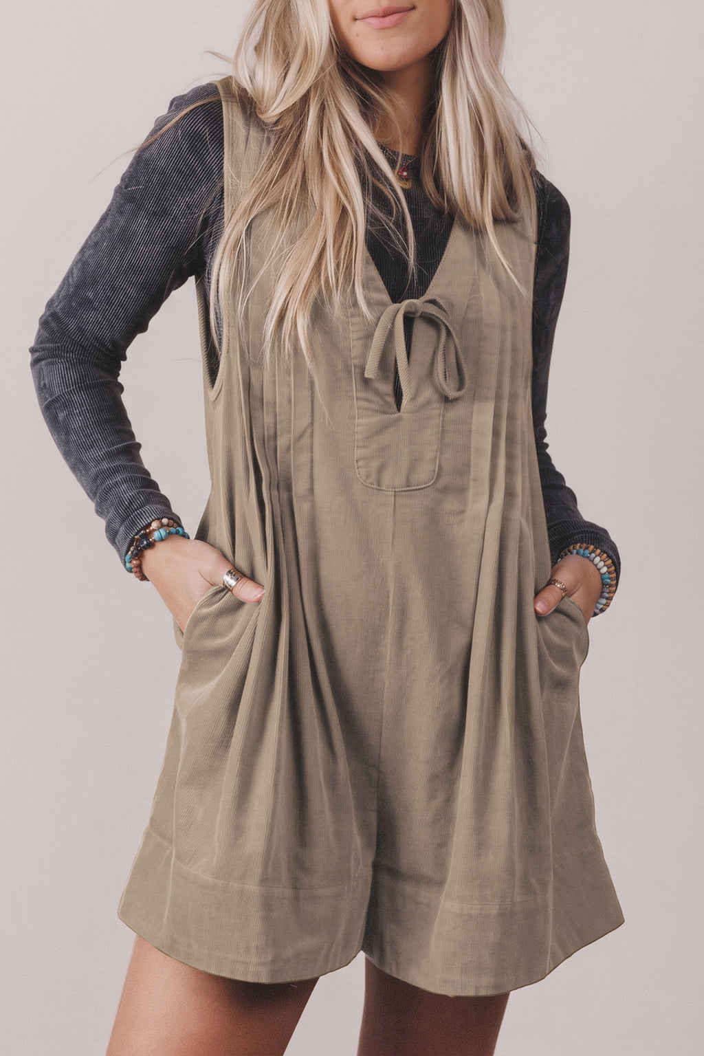 Cinnamon Solid Color Tie V Neck Sleeveless Corduroy Romper