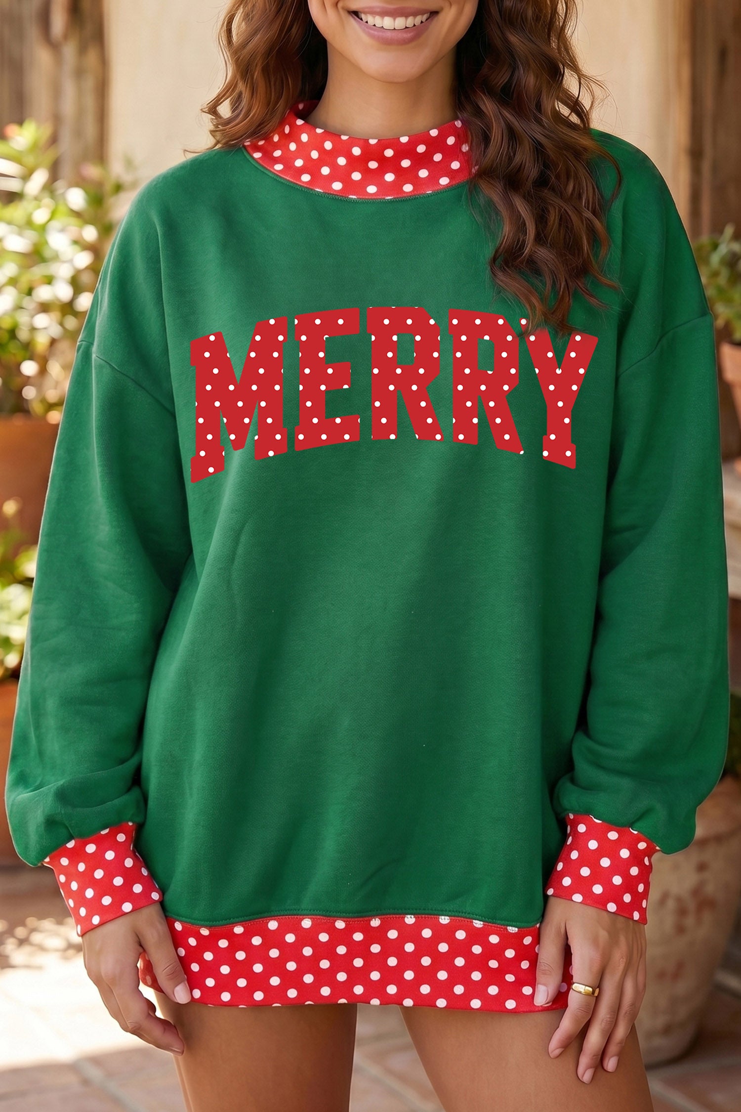 Dark Green Merry Christmas Slogan Polka Dot Contrast Trim Tunic Sweatshirt