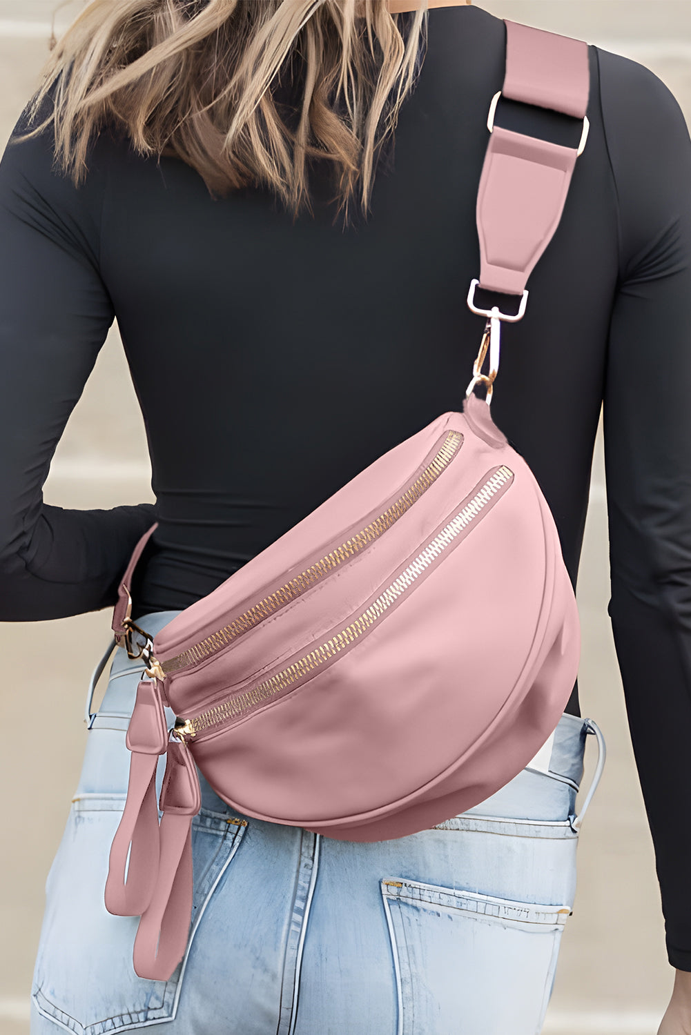 Parchment Wide Strap Zipper Crossbody Bag