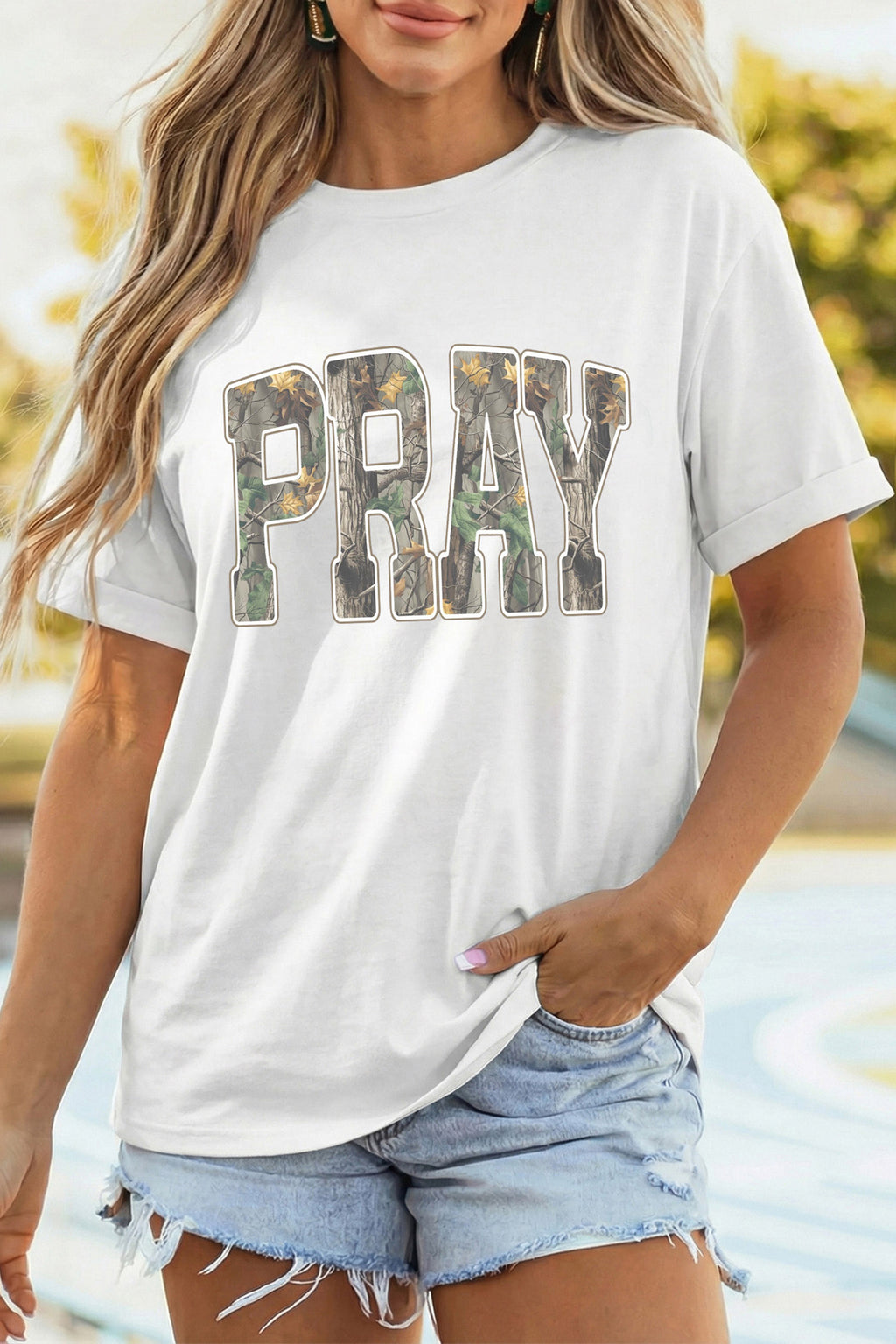 White PRAY Camo Letter Print Casual Round Neck T Shirt