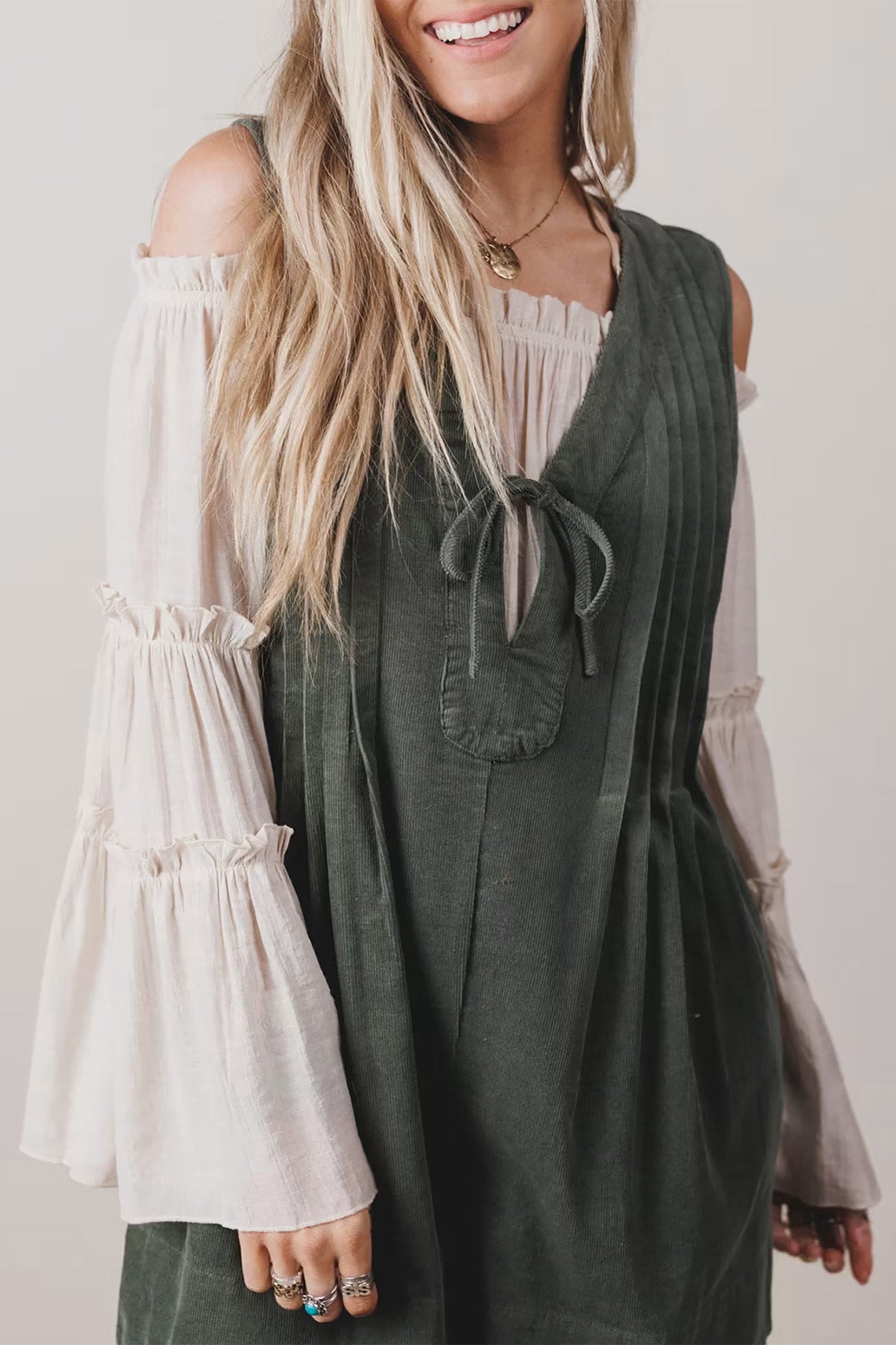 Cinnamon Solid Color Tie V Neck Sleeveless Corduroy Romper