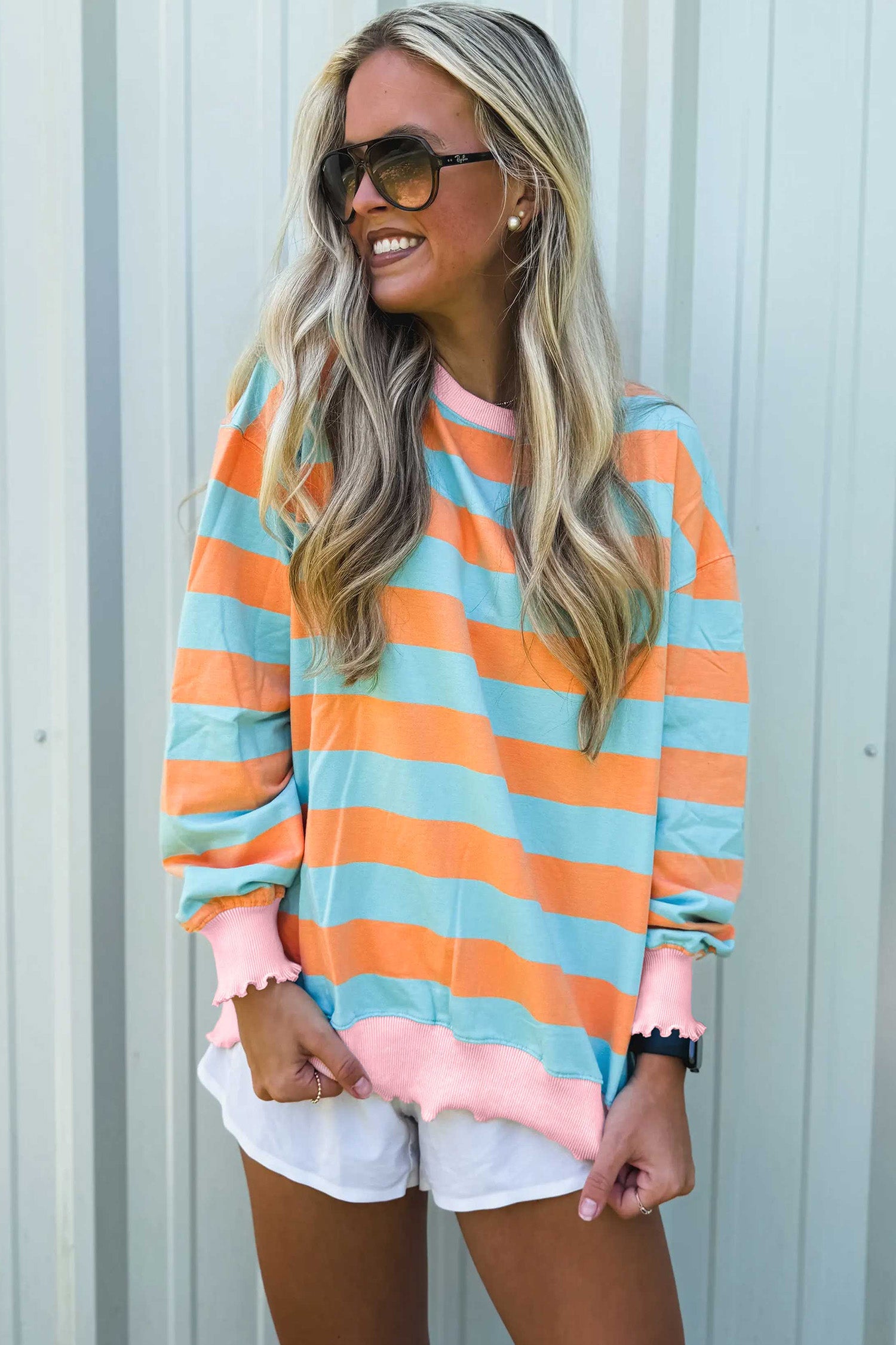 Orange Stripe Ribbed Color Block Trim Round Neck Long Sleeve Shift Top