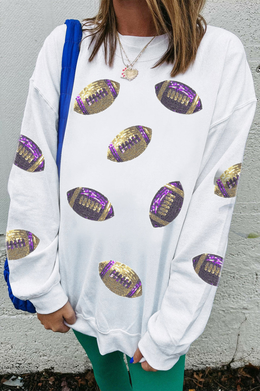 White Game Day Sequin Rugby Pattern Baggy Sweatshirt