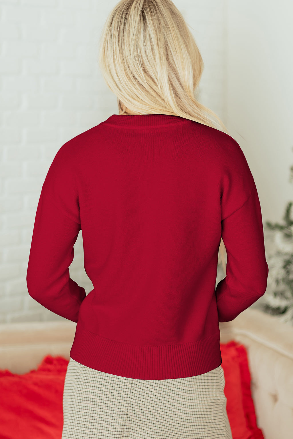 White Sequin Bow Graphic Knit Sweater