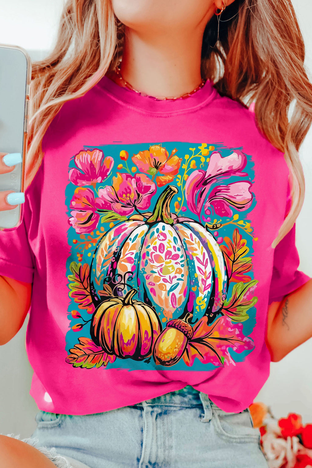 Rose Red Floral Pumpkin Graphic Print Crewneck Relaxed T-Shirt