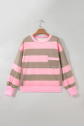 Pink Stripe Striped Colorblock Patch Pocket Split Hem Oversized Long Sleeve Sweatshirt