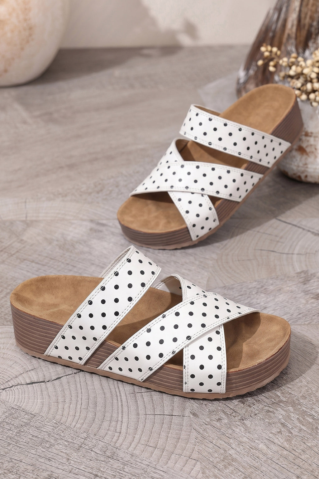 White Polka Dot Crossed Band Soft Suede Platform Slippers