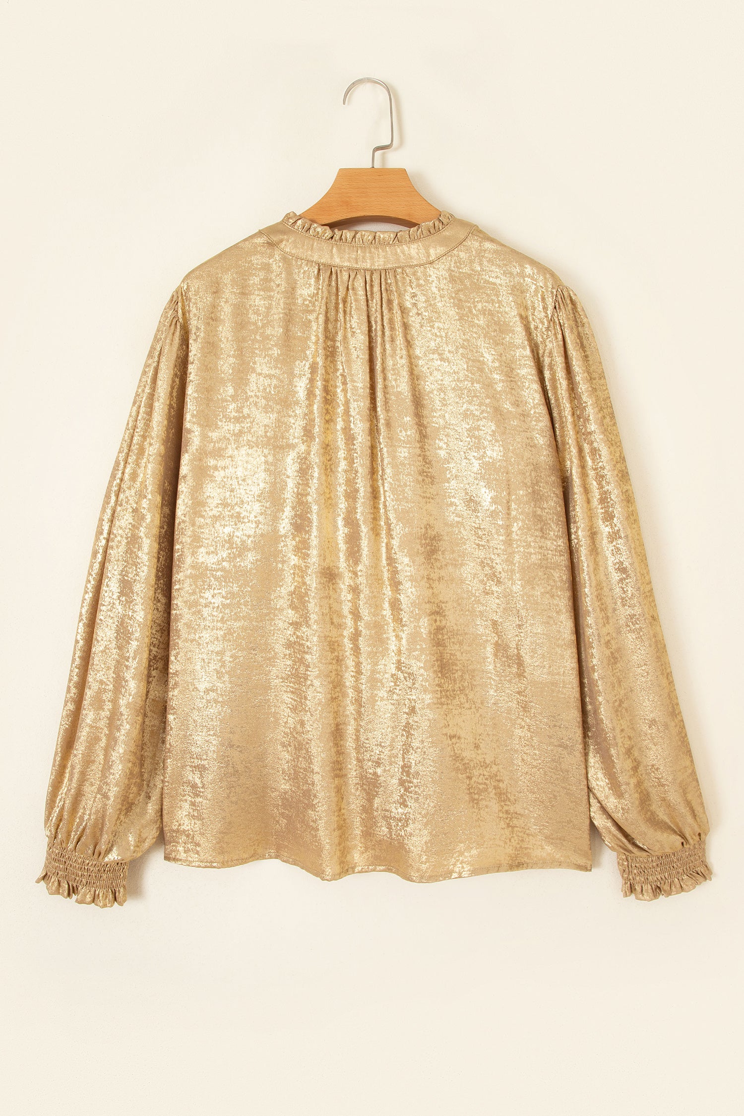 Gold Metallic Sheen V Neck Gathered Cuff Long Sleeve Blouse