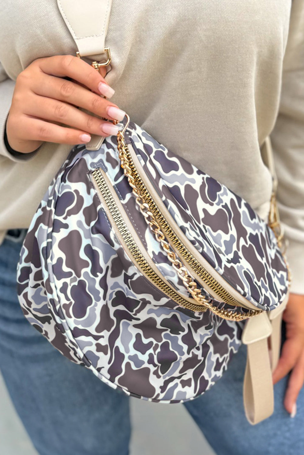 Vineyard Green Abstract/ Camouflage/ Polka Dot/ Leopard Print Double Zip Fashion Crossbody Bag