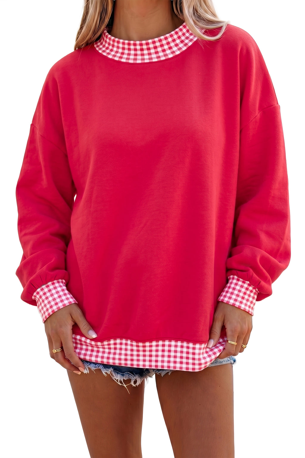 Red Colorblock Polka Dot Contrast Trim Oversized Sweatshirt